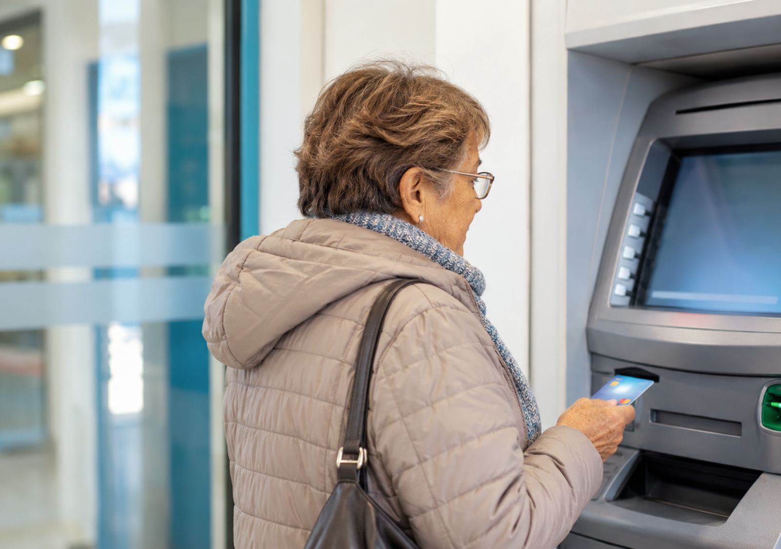 Mujer adulta mayor utilizando un cajero automático para consultar el cobro de sus haberes.
