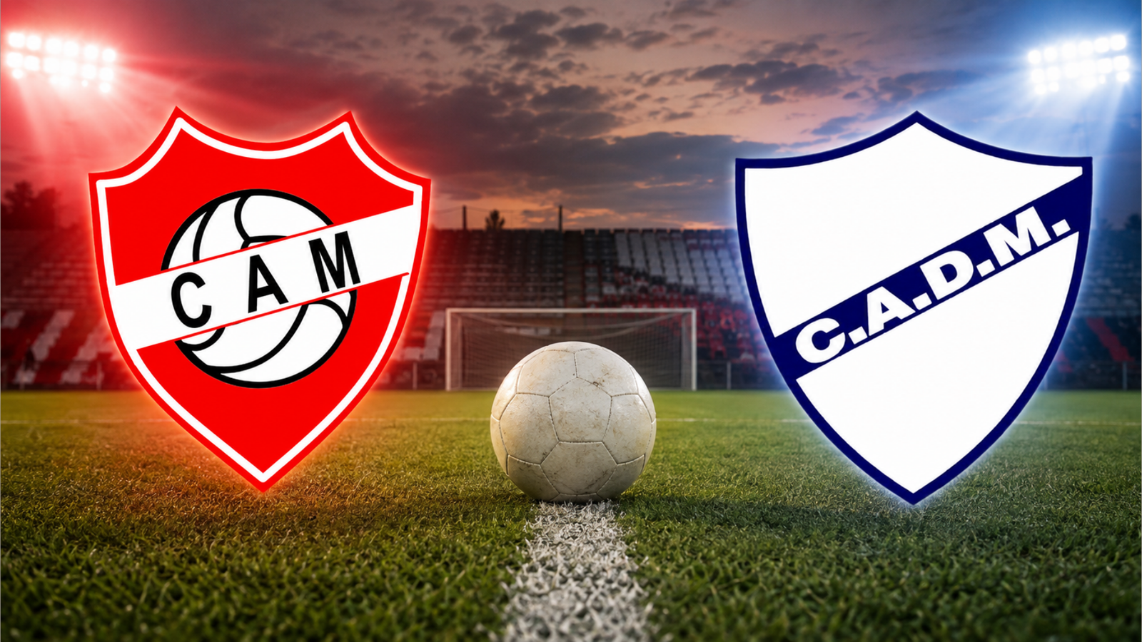 Escudos de Atlético Miramar y Defensores de Miramar enfrentados sobre una cancha de fútbol.